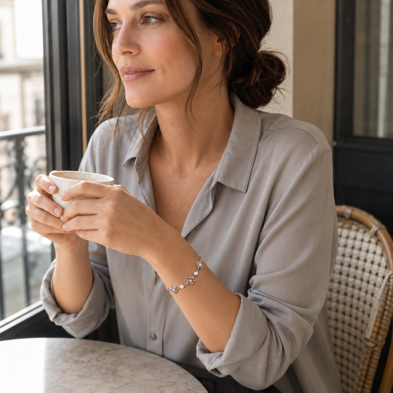 Model wearing the Silver auspicious bloom natural pearl bracelet at a cafe