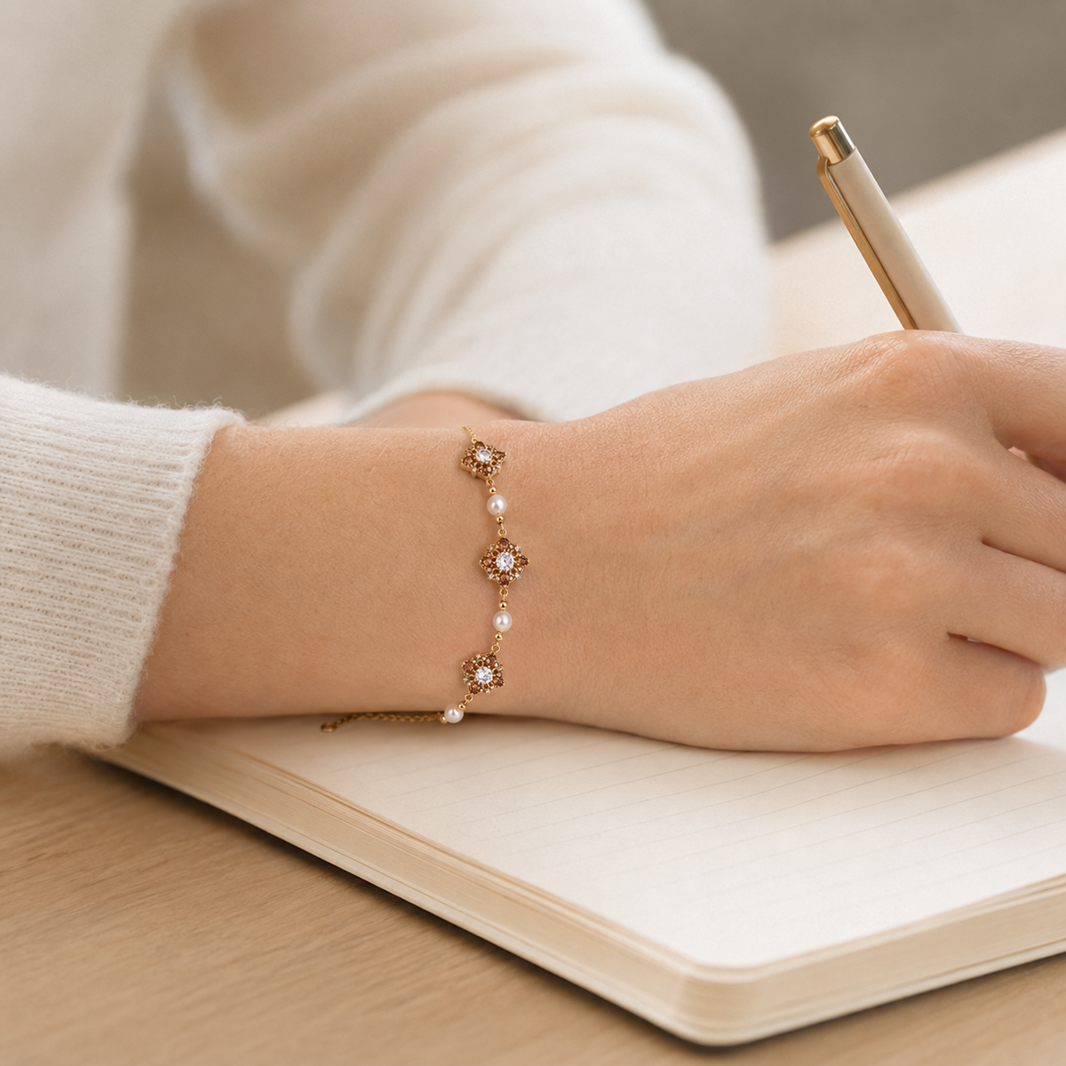Close wrist view of the Vintage Gold auspicious bloom natural pearl bracelet