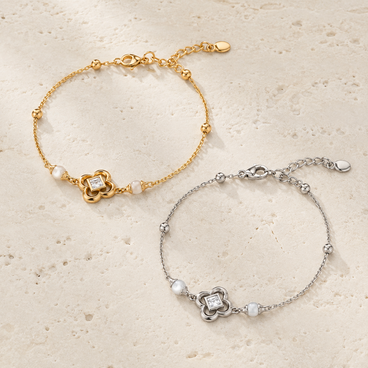 Vintage Gold and Silver clover shell and zircon bracelets