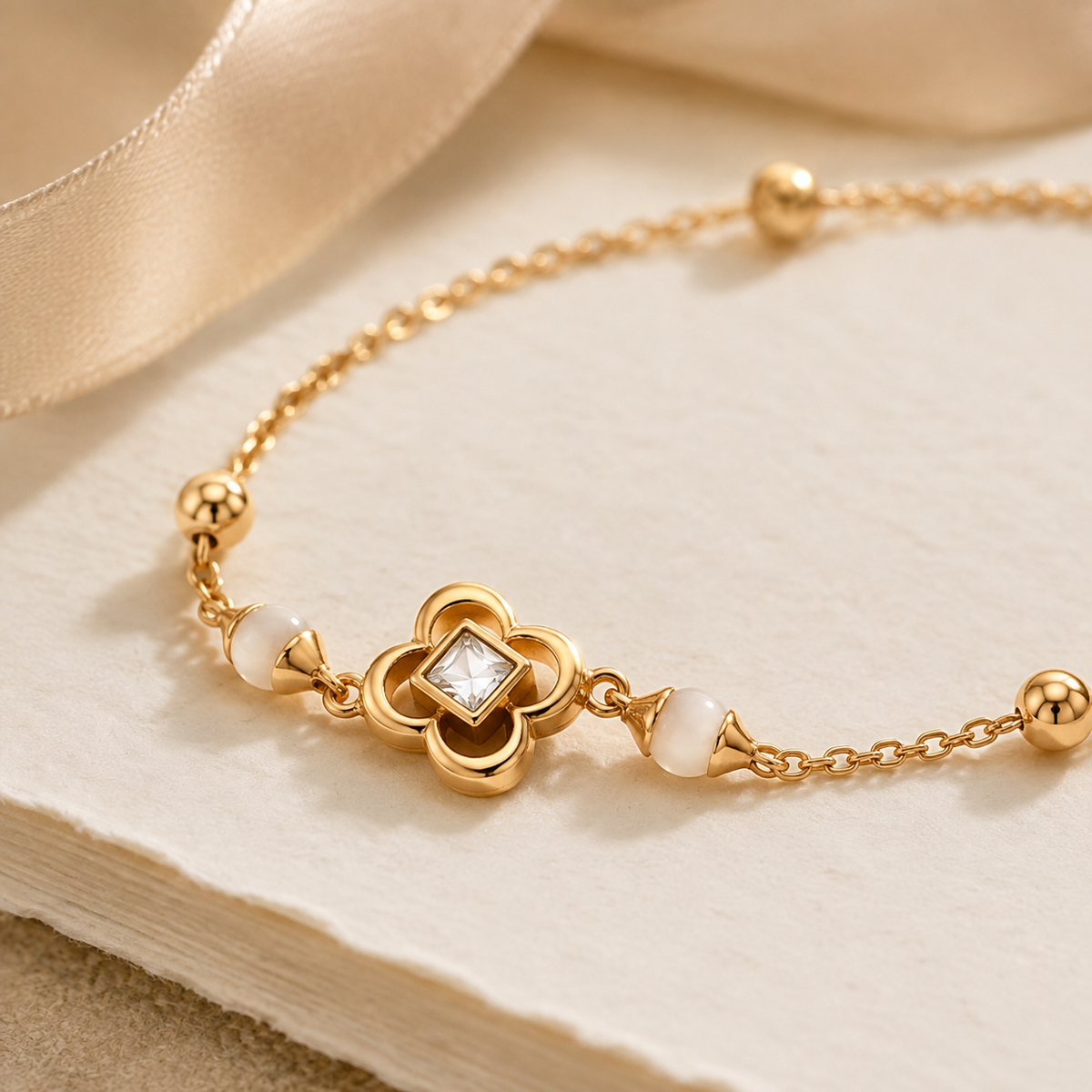 Close-up of Vintage Gold clover shell and zircon bracelet