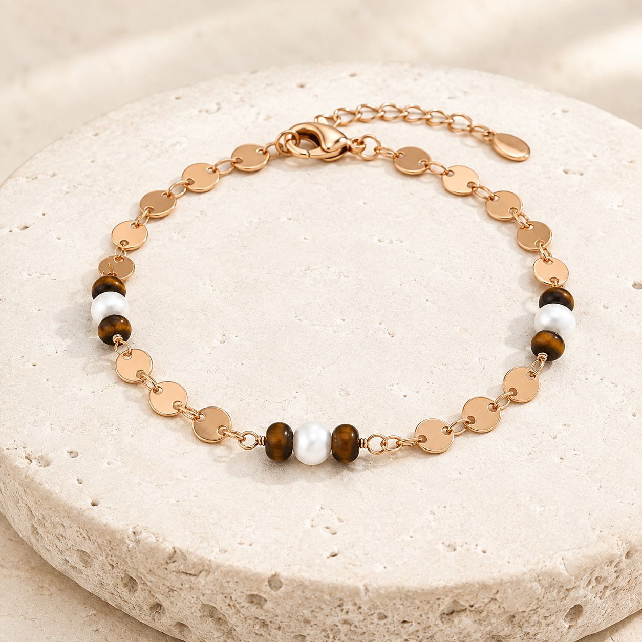 Vintage Gold tiger eye and pearl bracelet on a stone display