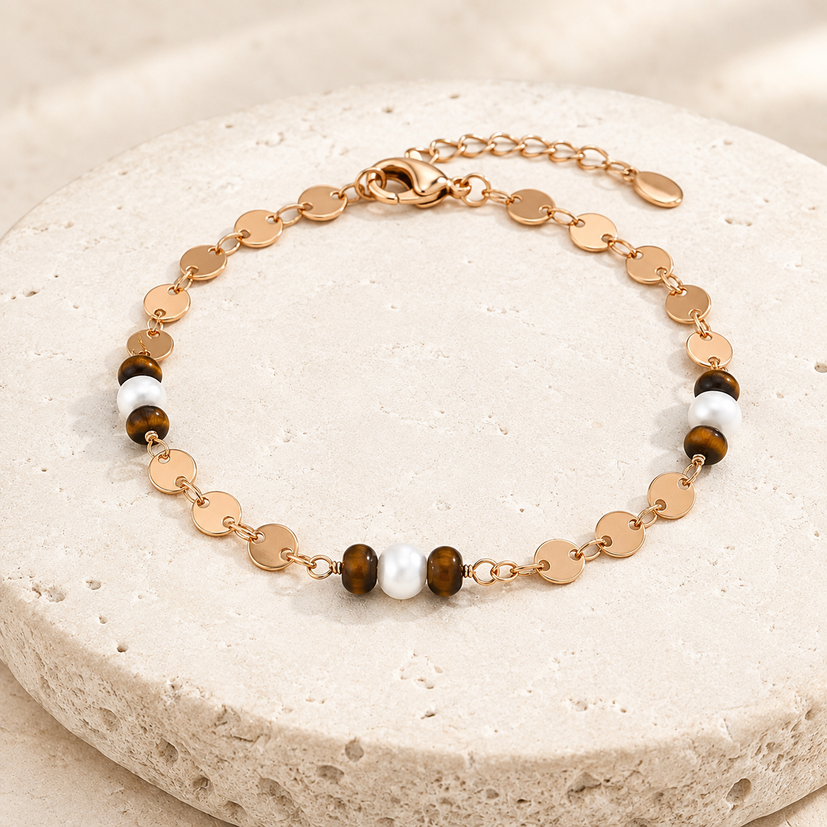 Vintage Gold tiger eye and pearl bracelet on a stone display