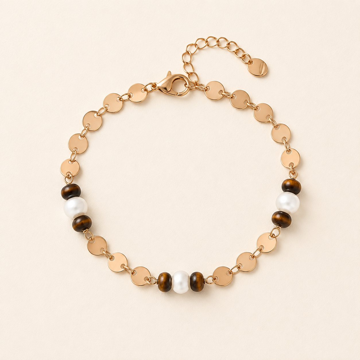 Full view of the Vintage Gold tiger eye and pearl bracelet on a white background