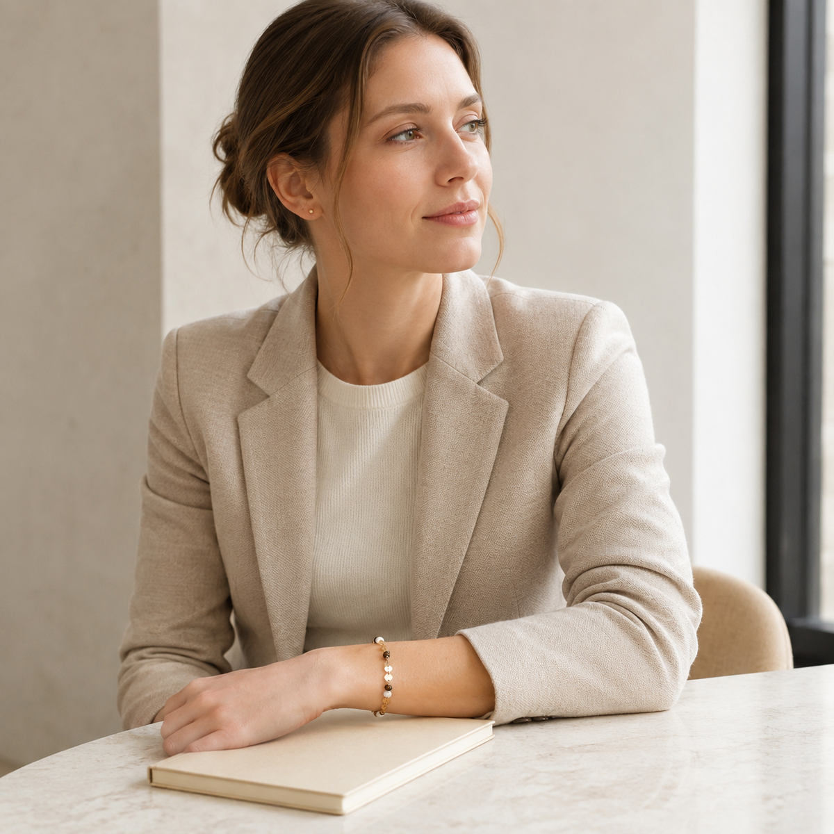 Model wearing the Vintage Gold tiger eye and pearl bracelet at a table