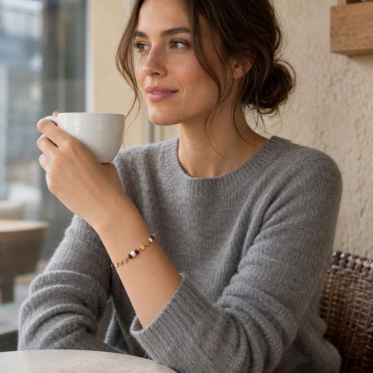 Model wearing the Vintage Gold tiger eye and pearl bracelet at a cafe