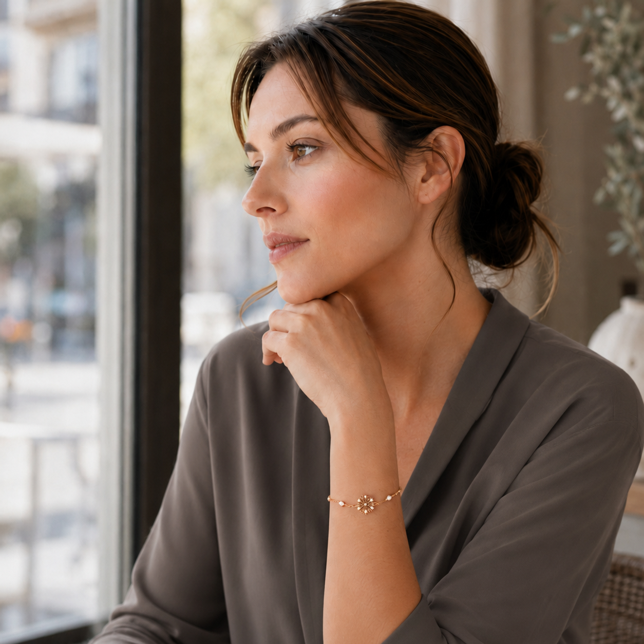Model wearing the Six-Petal Lily Bracelet in Vintage Gold at a cafe