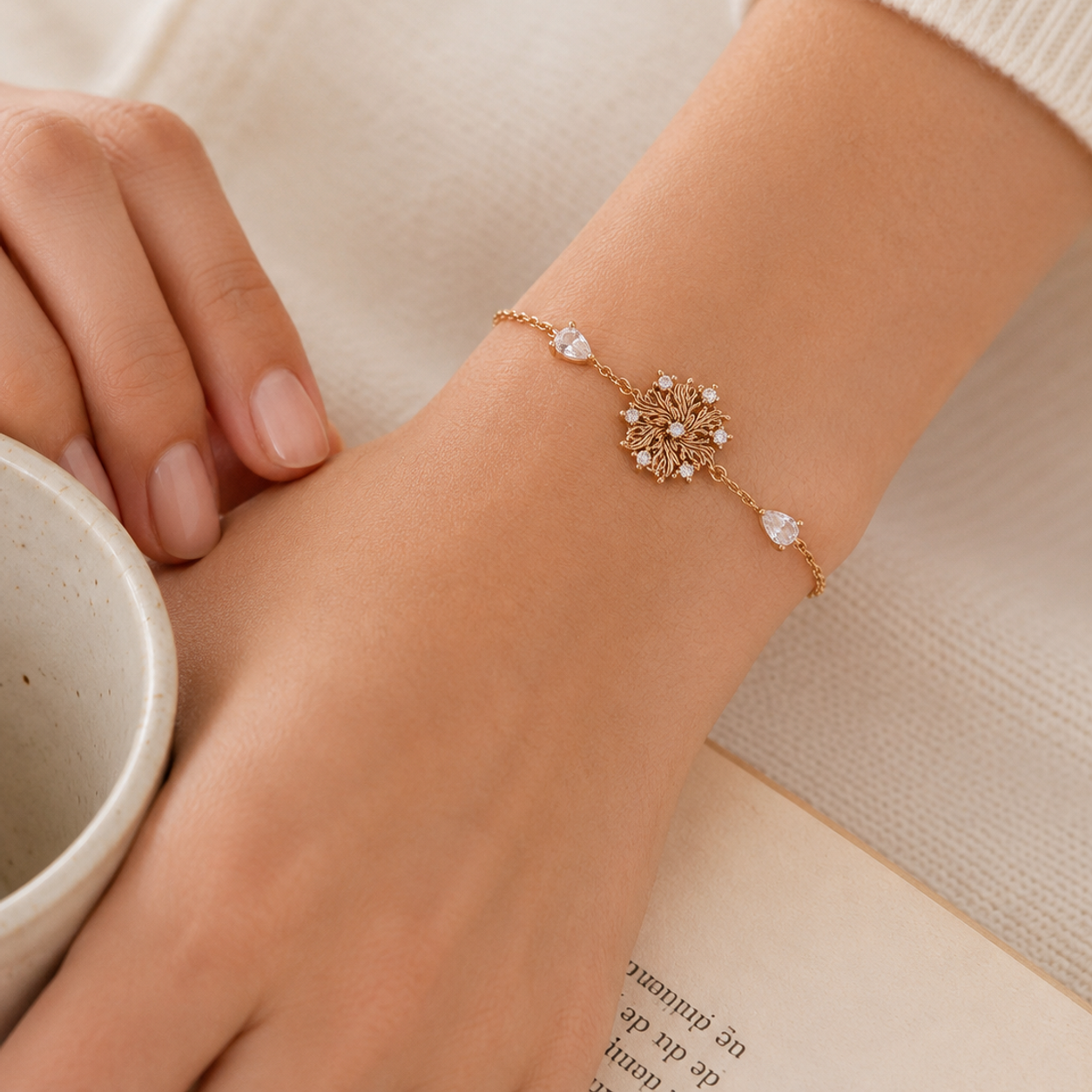 Close-up of the Vintage Gold Six-Petal Lily Bracelet on the wrist