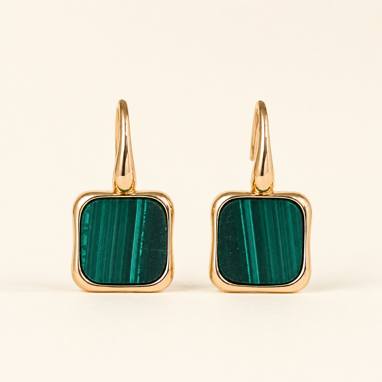 Front view of Vintage Gold malachite drop earrings