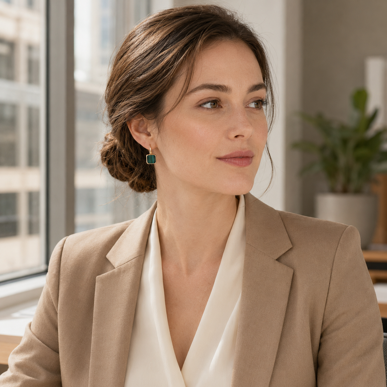 Model wearing Vintage Gold malachite drop earrings with a tailored jacket