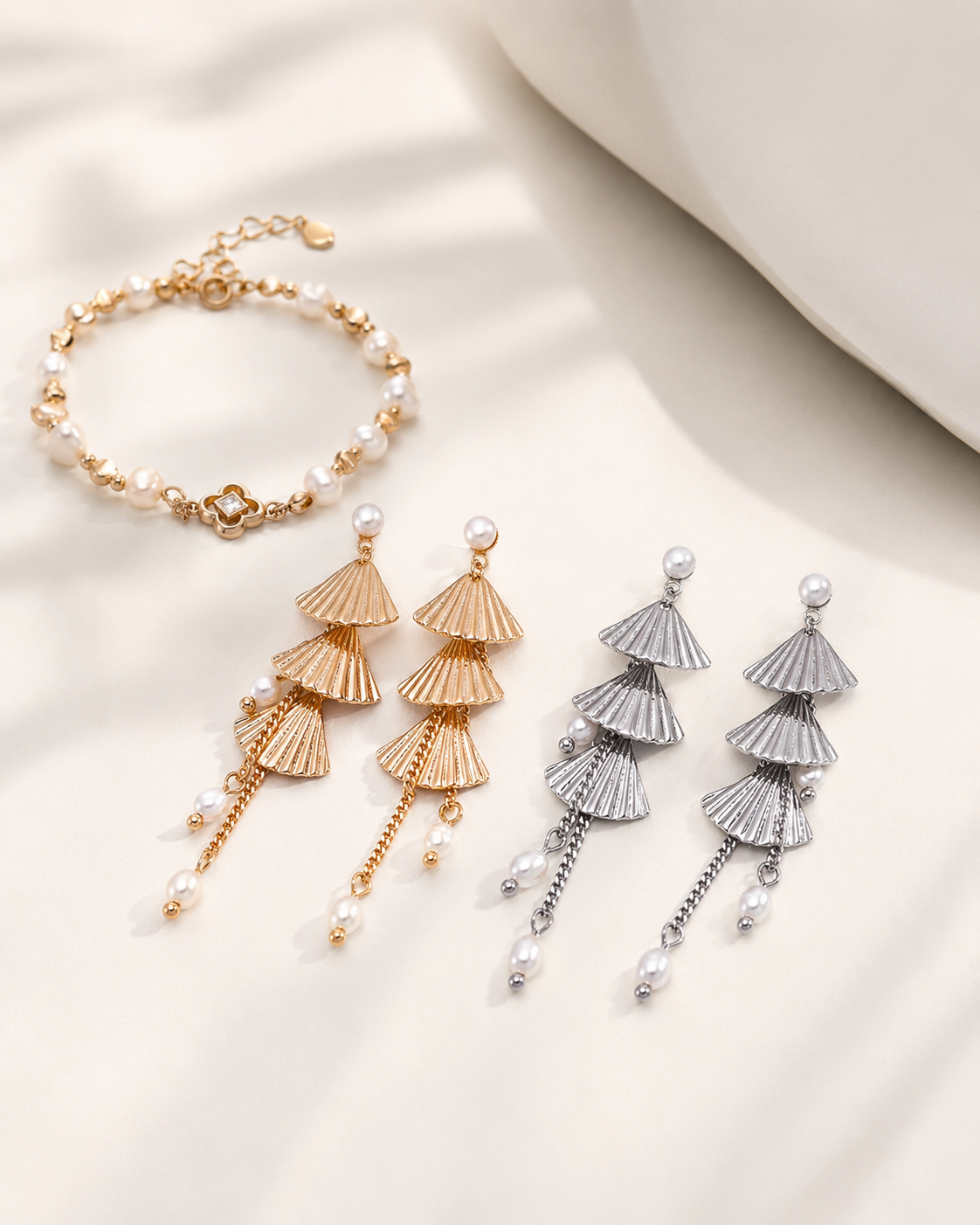 Vintage gold and white gold layered fan natural pearl earrings
