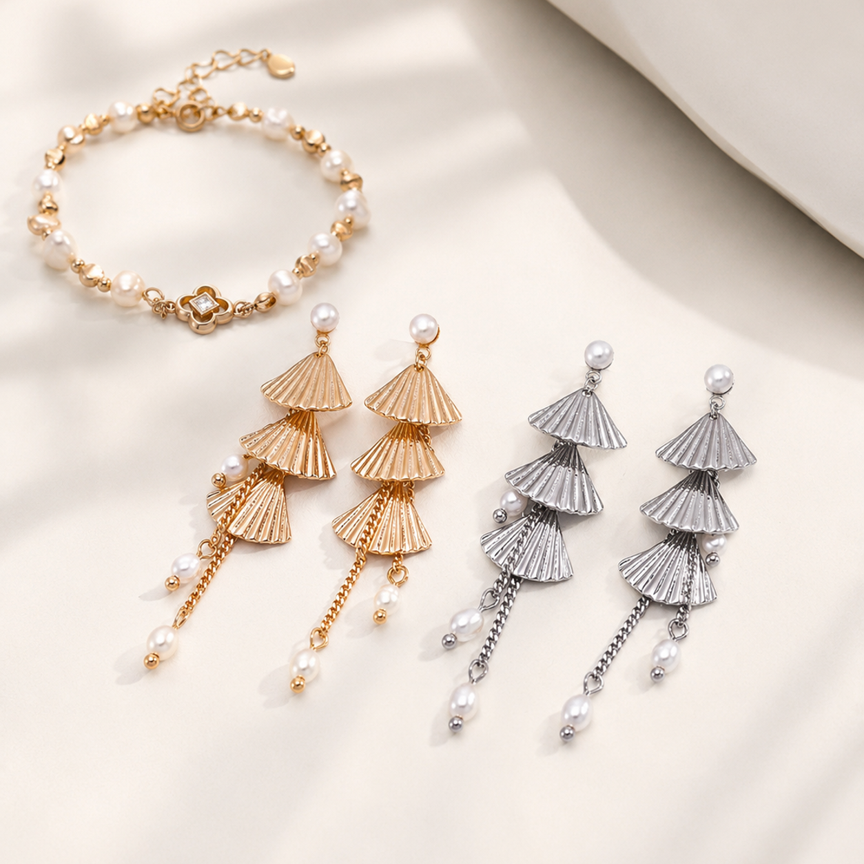 Vintage Gold and Silver layered fan natural pearl earrings