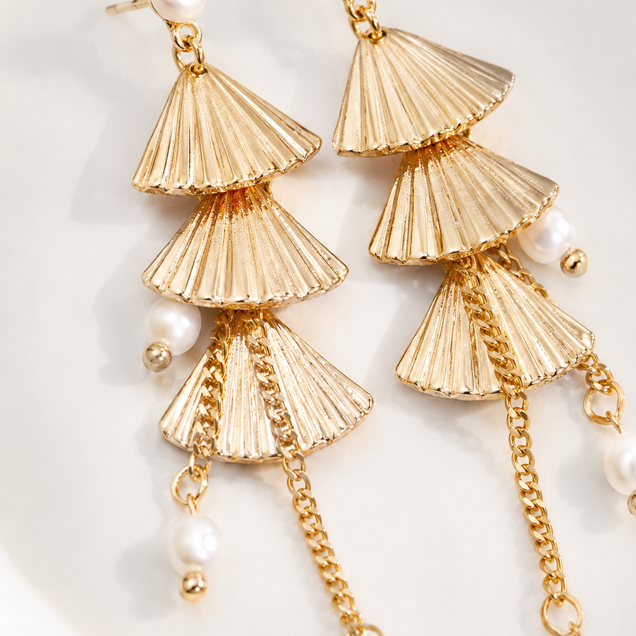 Vintage Gold layered fan natural pearl earrings close-up