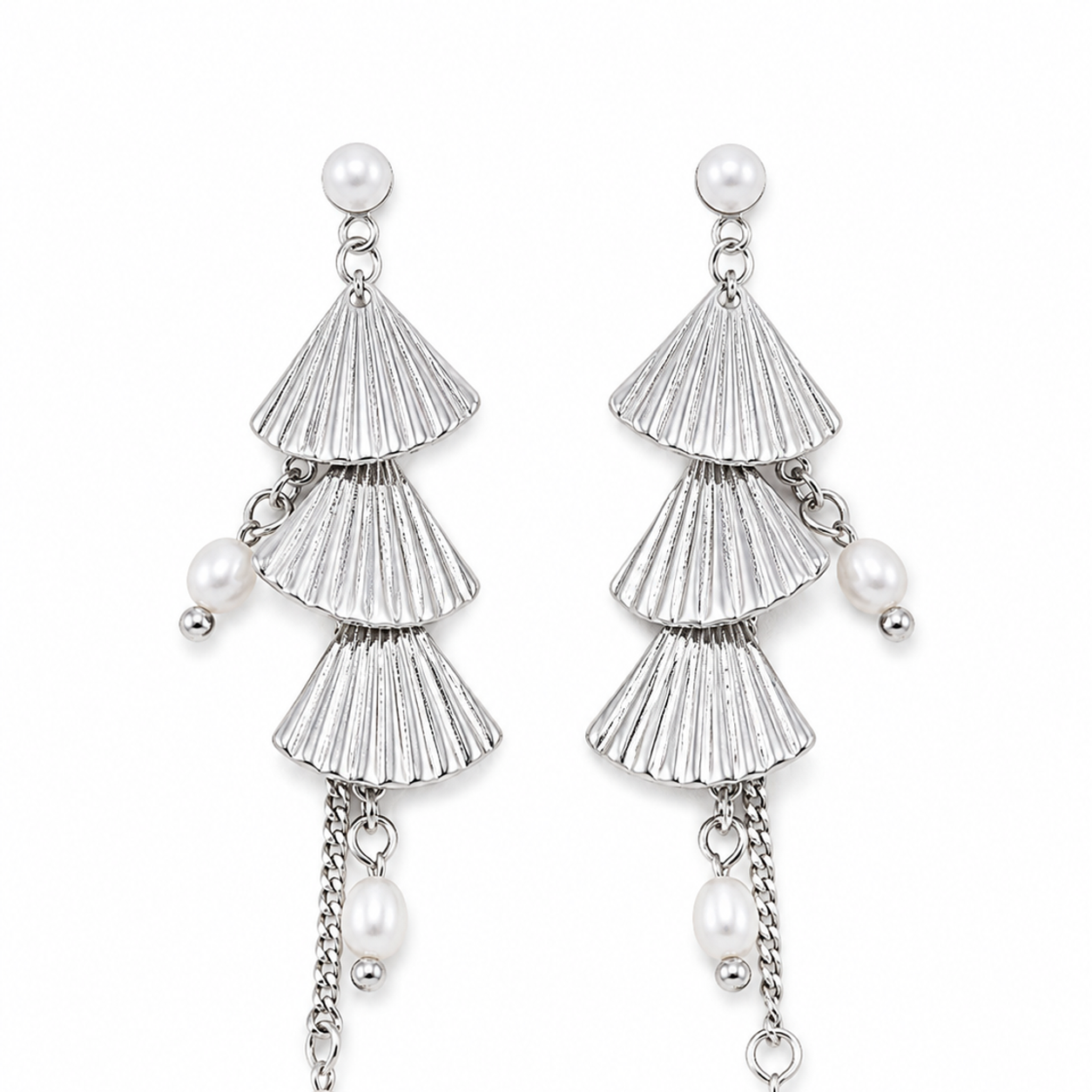 Silver layered fan pearl earrings product view