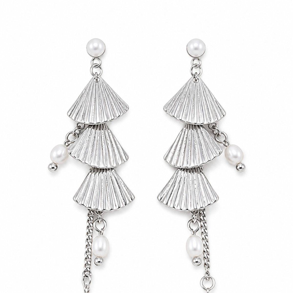 Silver layered fan pearl earrings product view