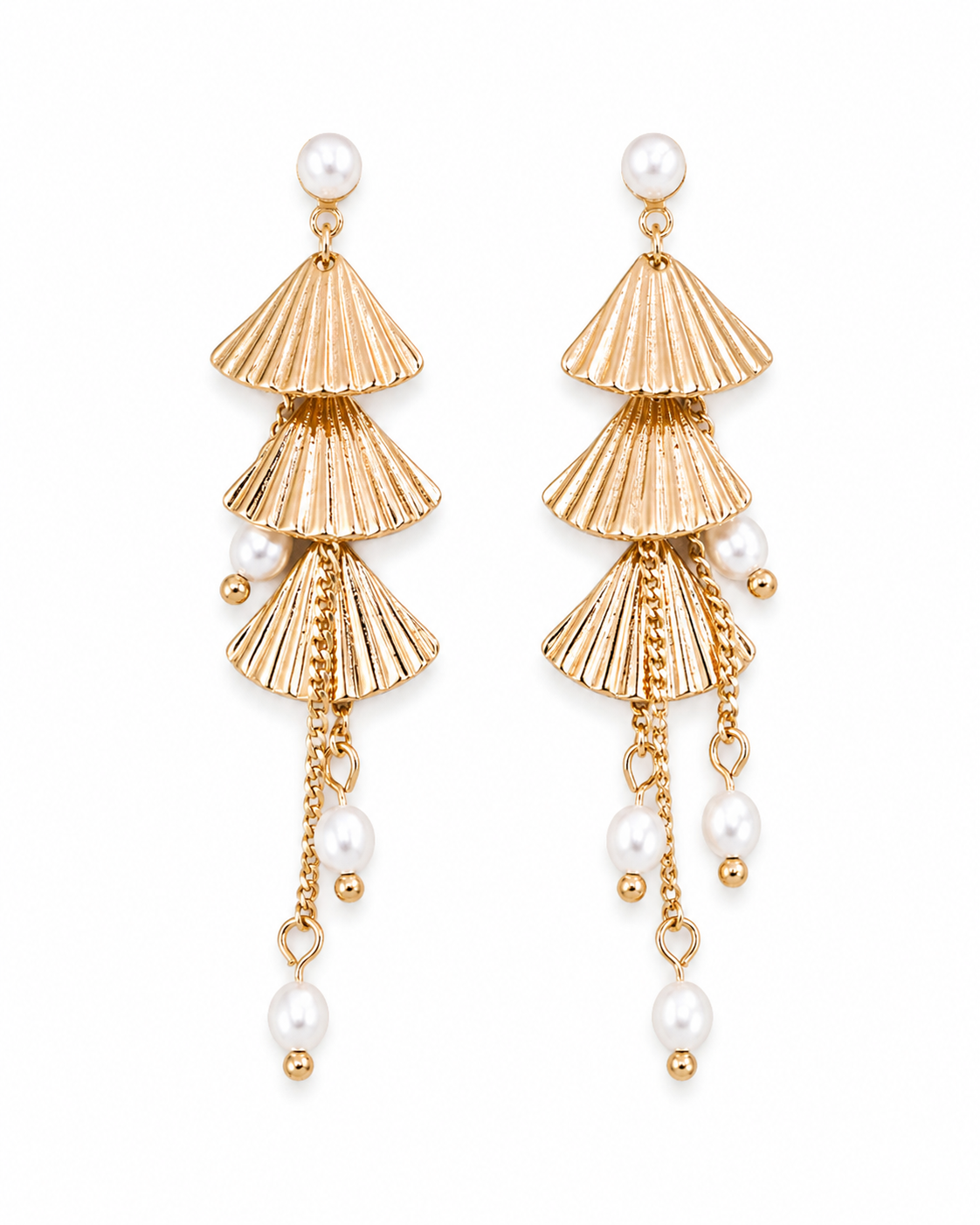 Vintage gold layered fan pearl earrings product view