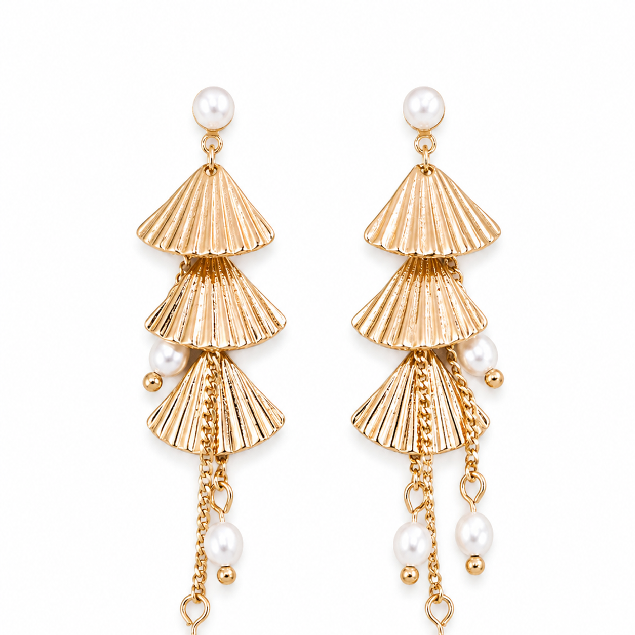 Vintage Gold layered fan pearl earrings product view