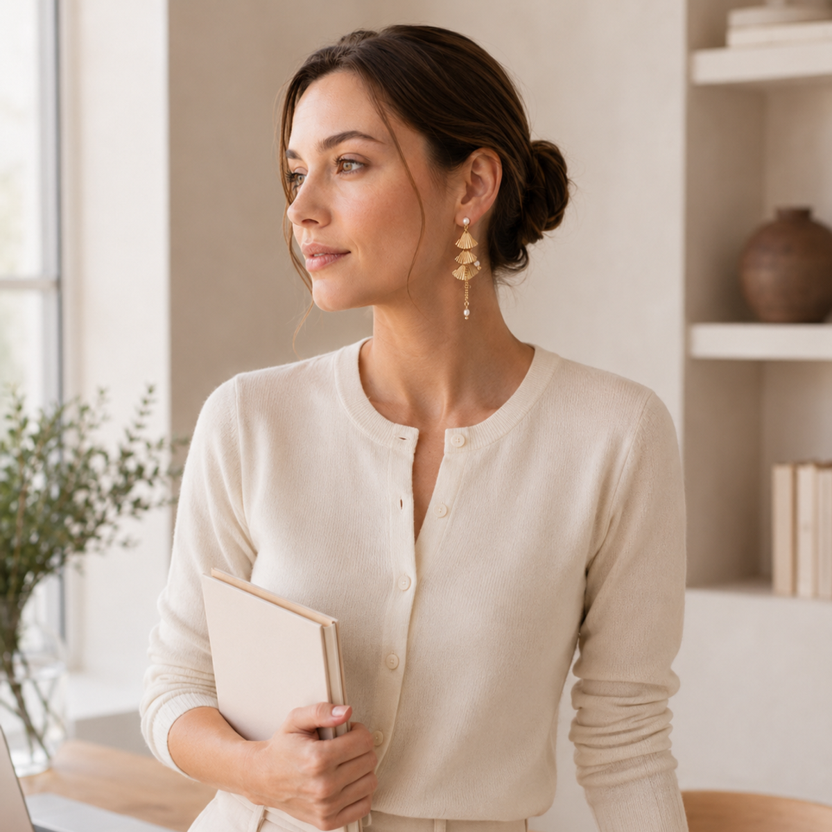 Model styling Vintage Gold layered fan pearl earrings