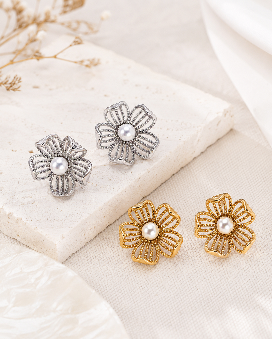 Vintage Gold and Silver floral natural pearl stud earrings