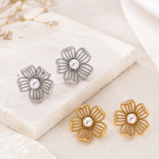 Vintage Gold and Silver floral natural pearl stud earrings