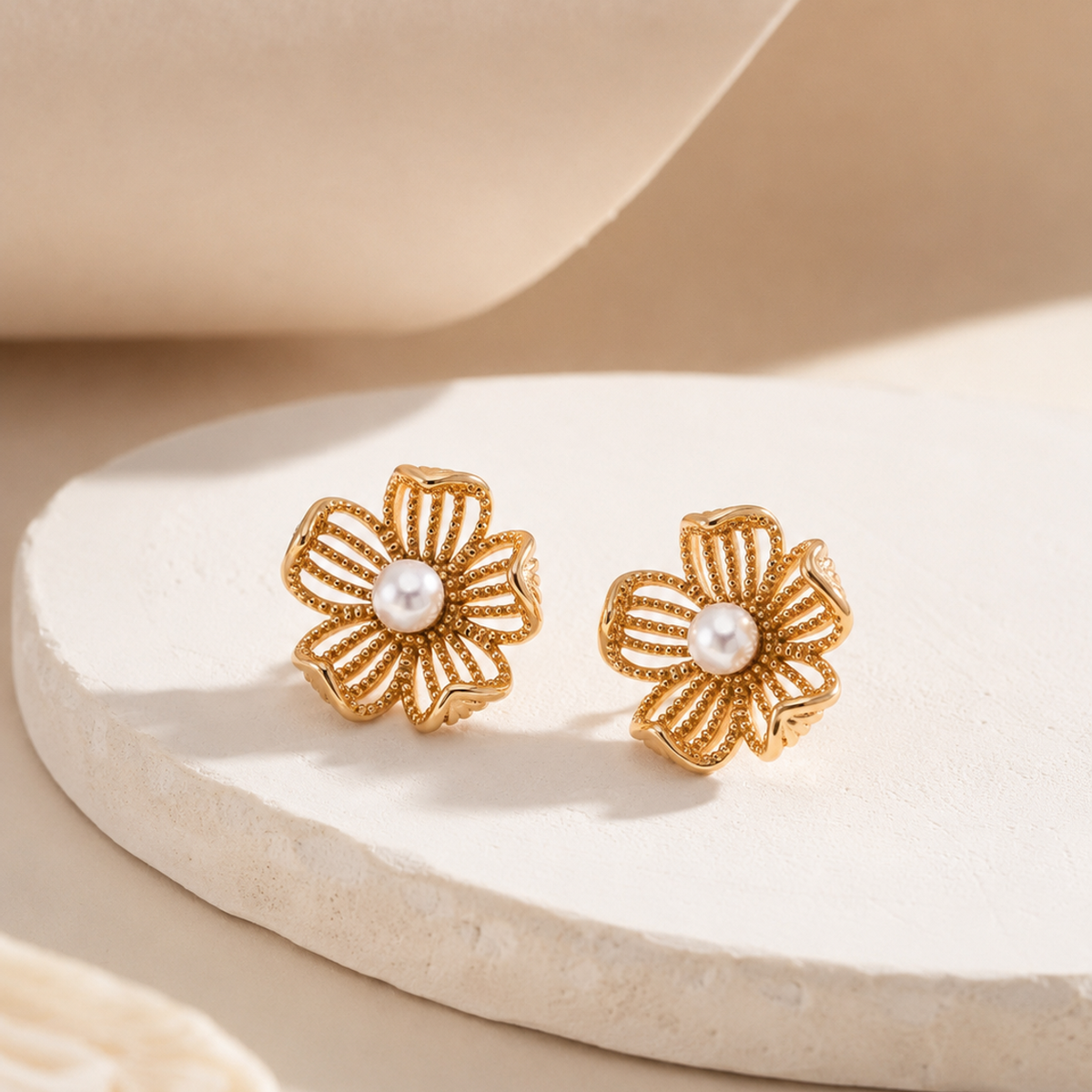 Vintage Gold floral pearl stud earrings on a neutral display