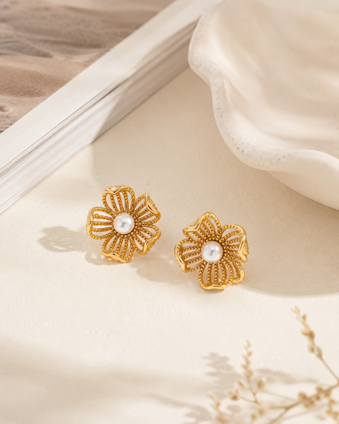 Vintage Gold openwork flower earrings with natural pearl centers