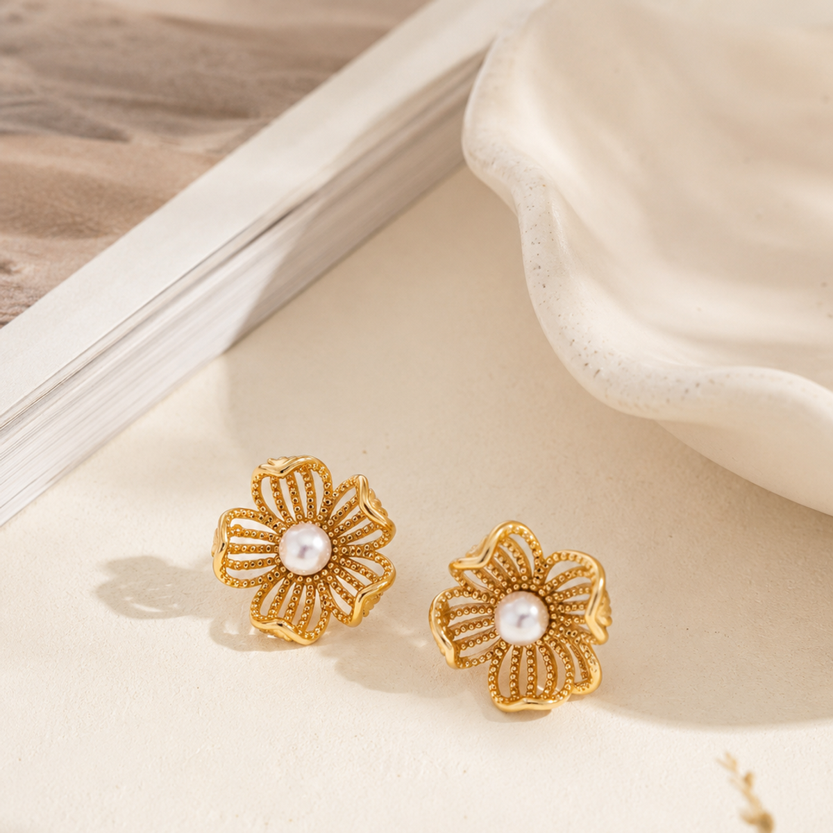 Vintage Gold openwork flower earrings with natural pearl centers