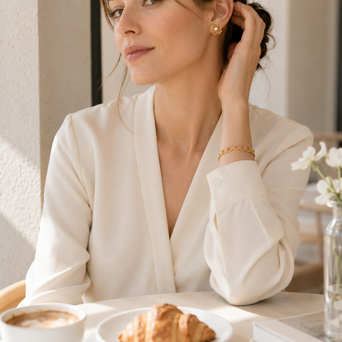 Model wearing Vintage Gold floral natural pearl stud earrings