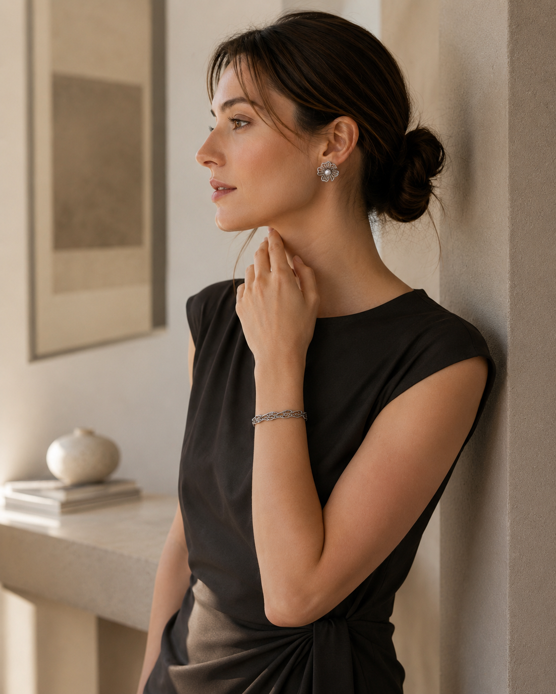 Model wearing Silver floral natural pearl stud earrings