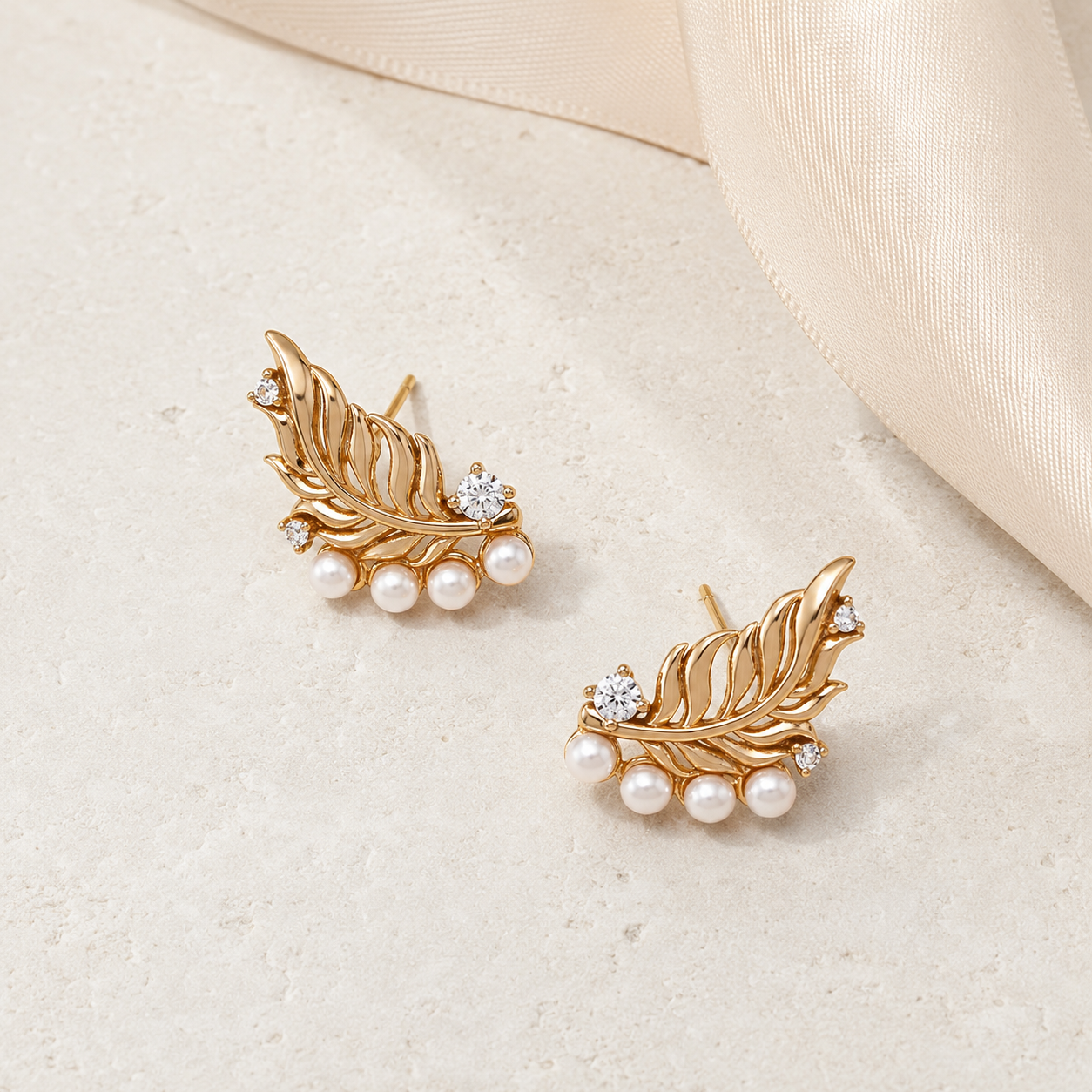 Vintage Gold feather pearl stud earrings with natural pearls on an ivory display