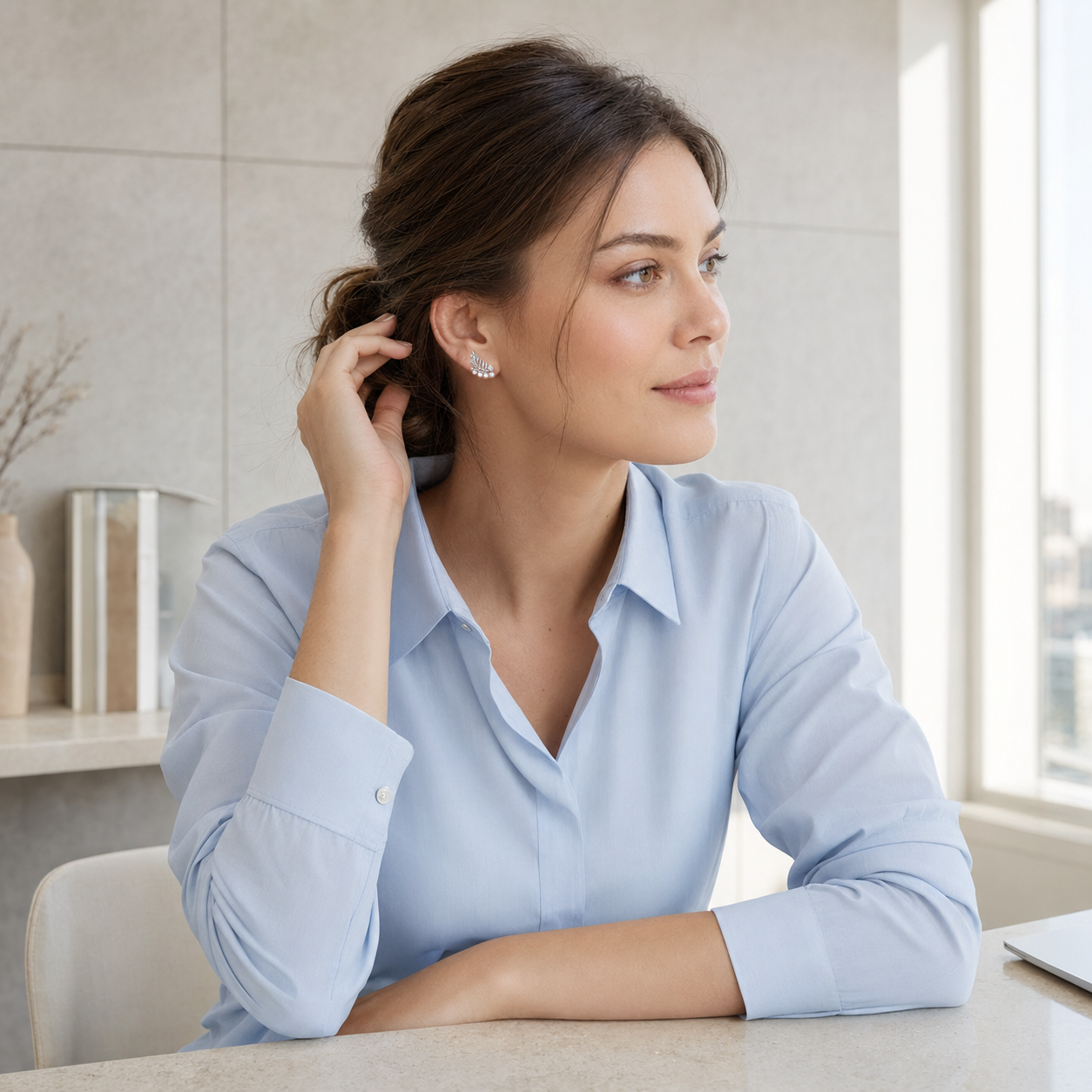 Model wearing Silver feather pearl stud earrings for an office look