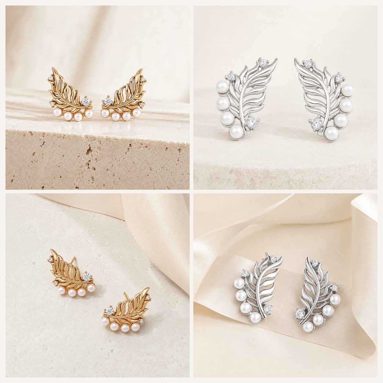 Vintage Gold and Silver Feather Pearl Stud Earrings