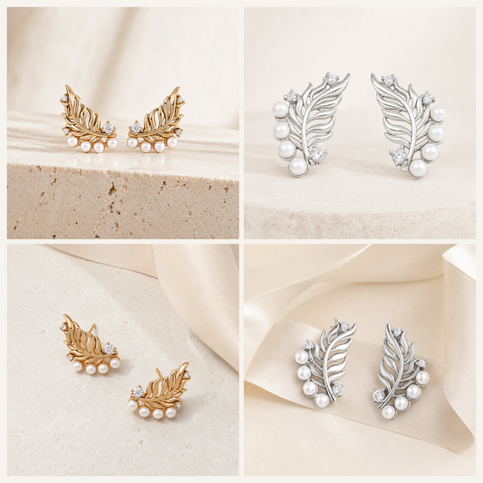 Vintage Gold and Silver Feather Pearl Stud Earrings