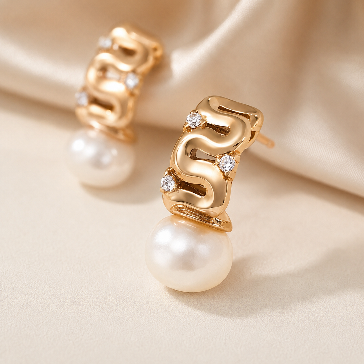 Close product view of a Vintage Gold pearl ribbon stud earring with cubic zirconia