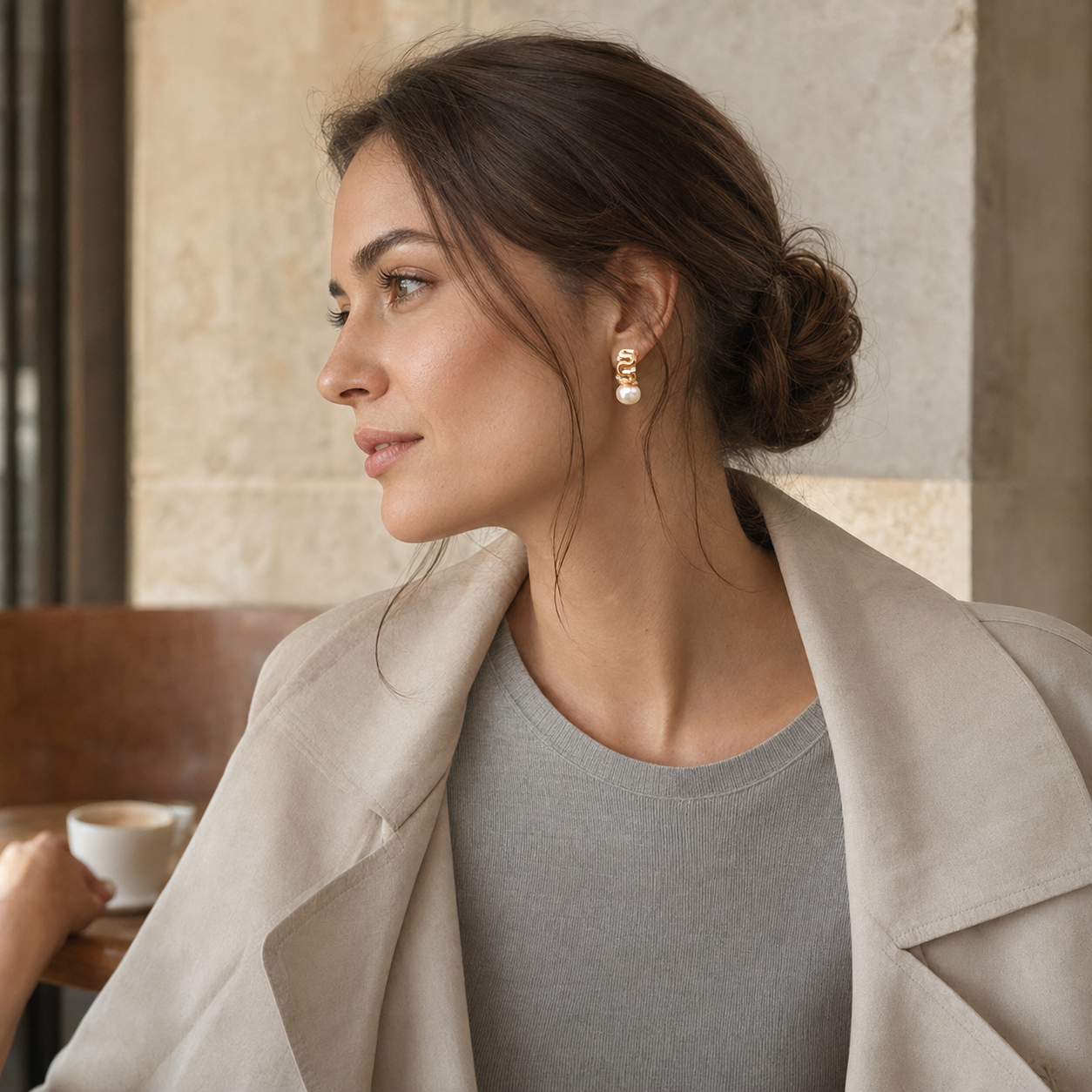 Model wearing Vintage Gold pearl ribbon stud earrings