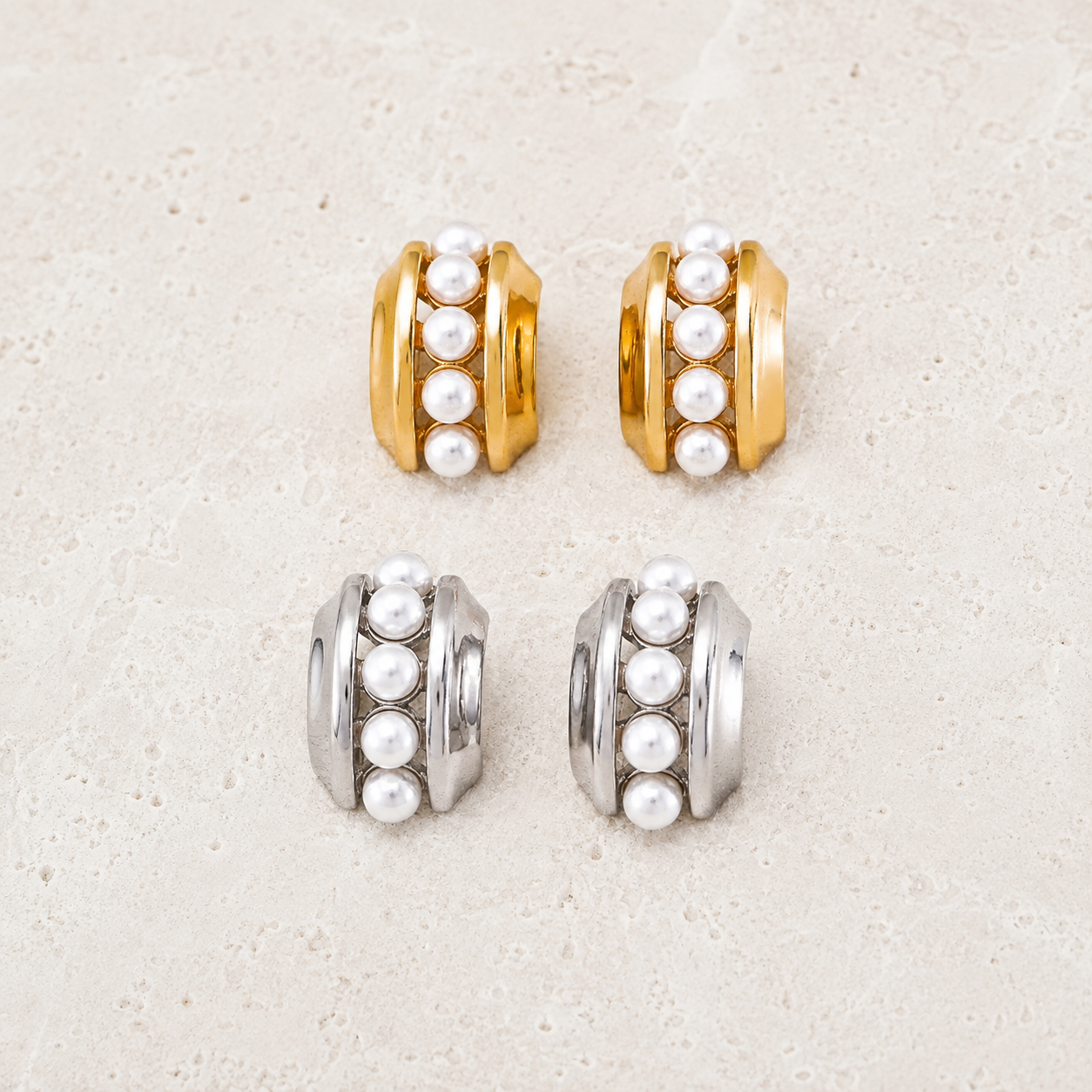 Vintage Gold and Silver layered shell pearl stud earrings shown together