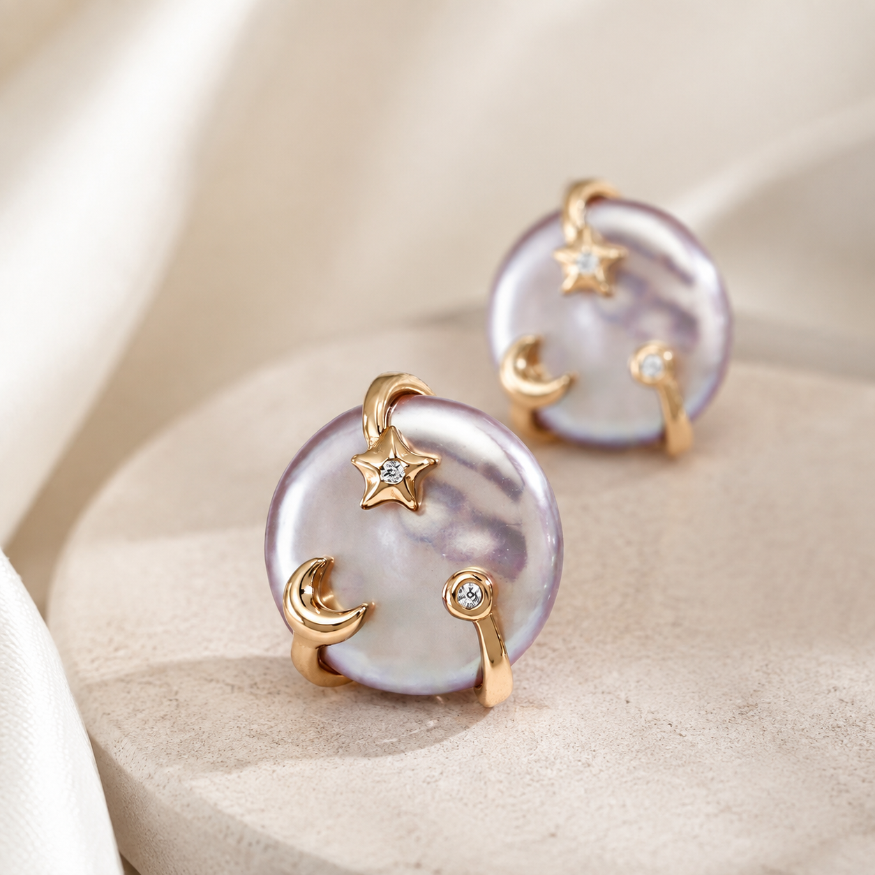 Close product view of Vintage Gold Wish Pearl Earrings with moon and star details
