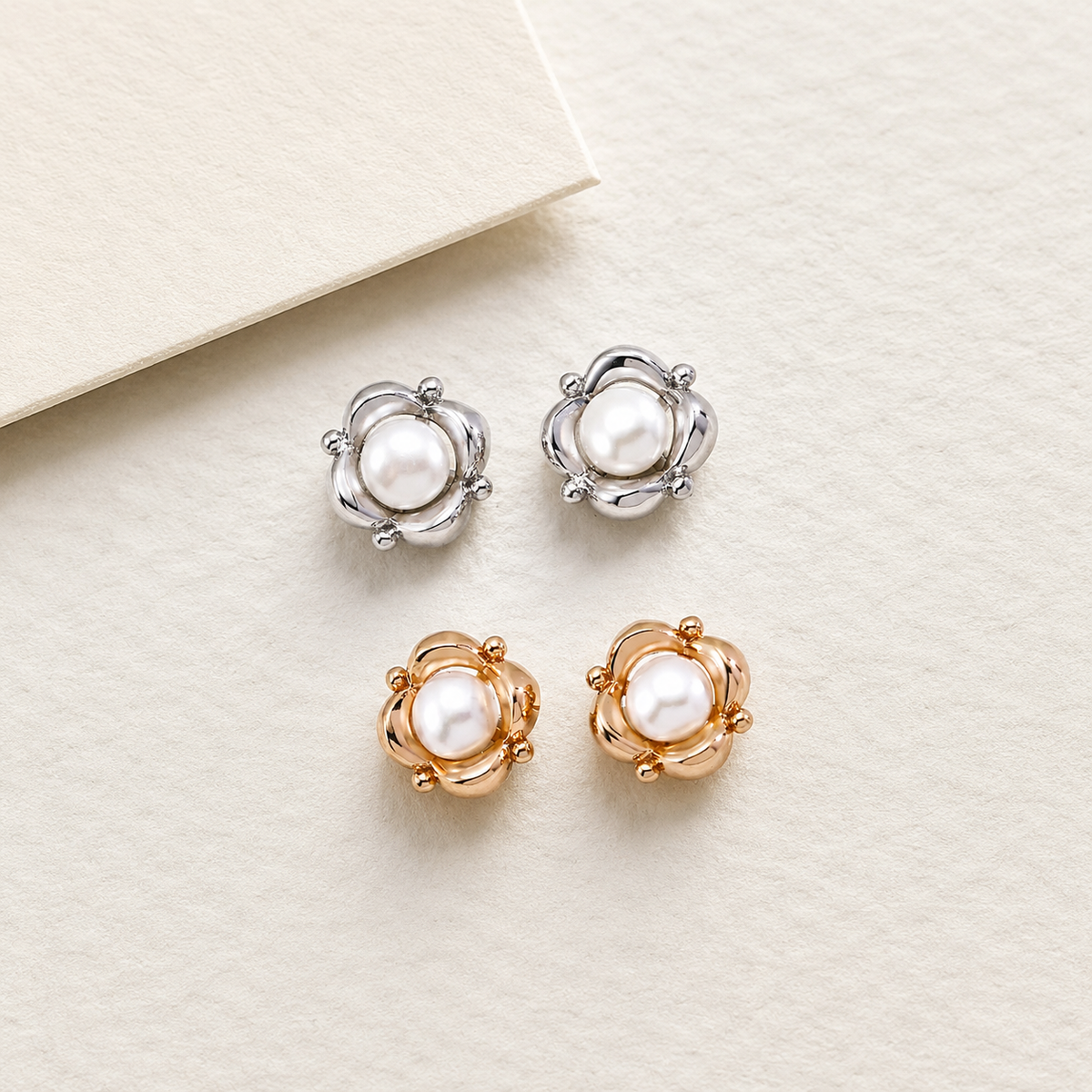 Vintage Gold and Silver Orbit Pearl Stud Earrings shown in matching pairs