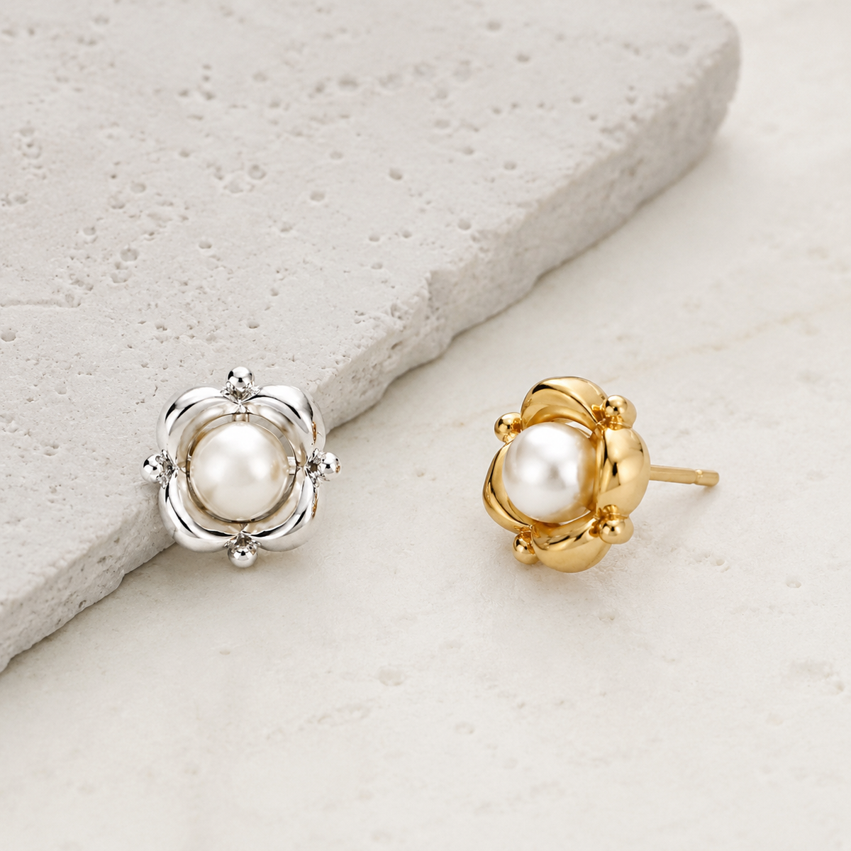 Vintage Gold and Silver Orbit Pearl Stud Earring detail with a post back