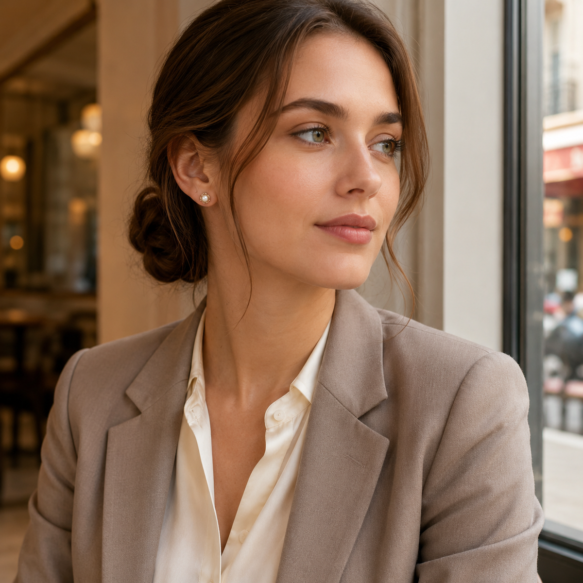 Model wearing the Vintage Gold Orbit Pearl Stud Earrings with tailored styling