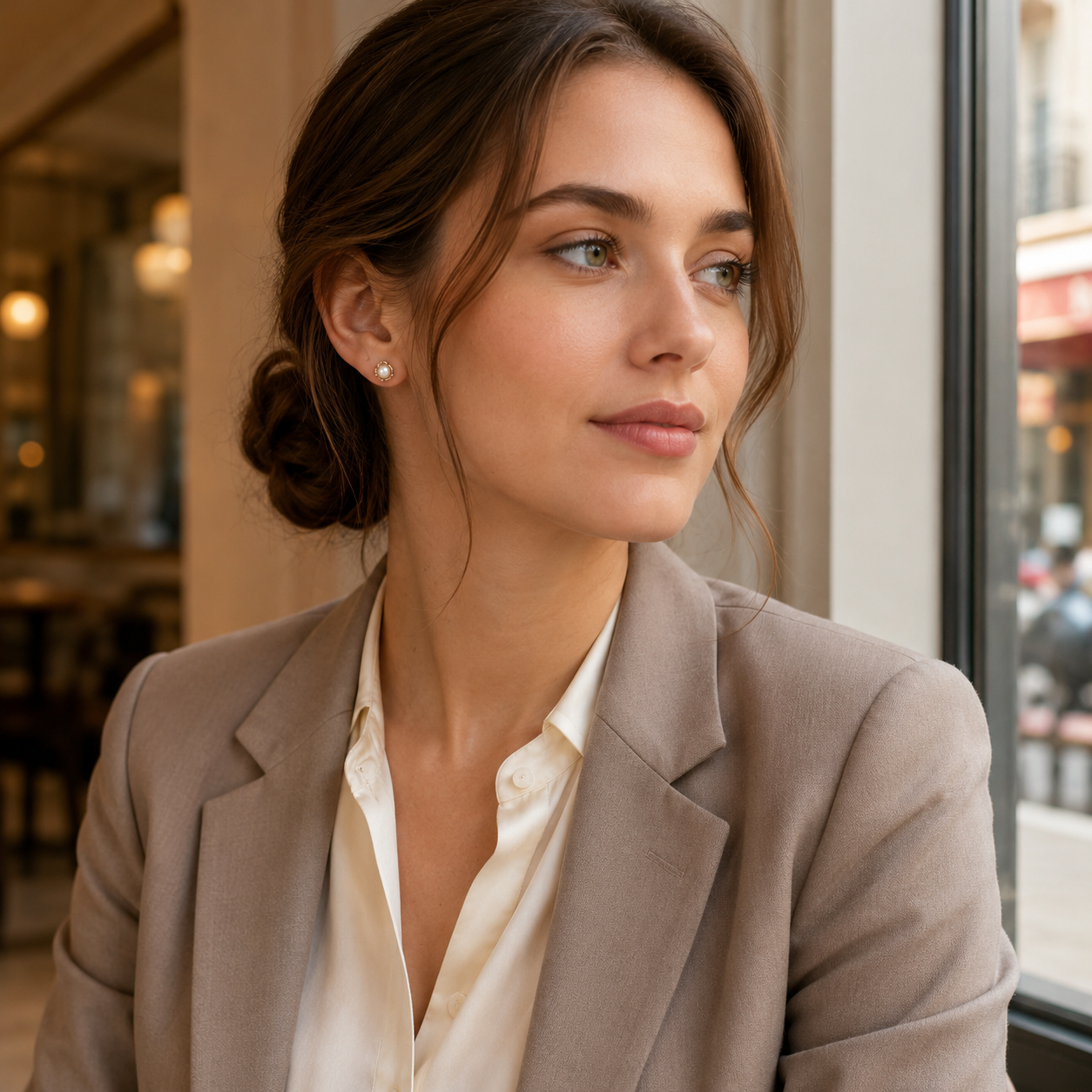 Model wearing the Vintage Gold Orbit Pearl Stud Earrings with tailored styling