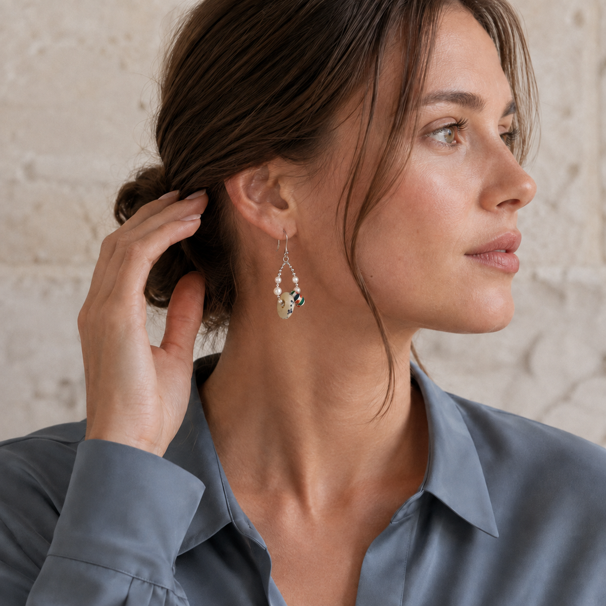Model wearing a Silver Himalayan Glass Pearl Hoop Earring close-up