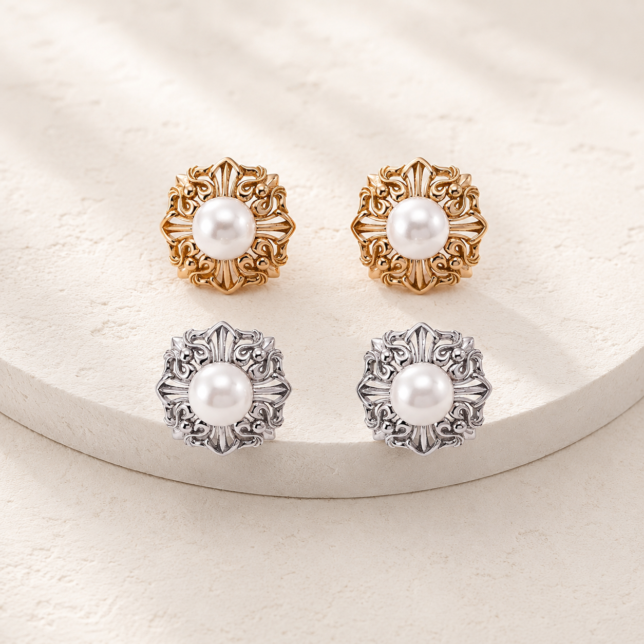 Vintage Gold and Silver Ornate Pearl Stud Earrings shown together on an ivory display