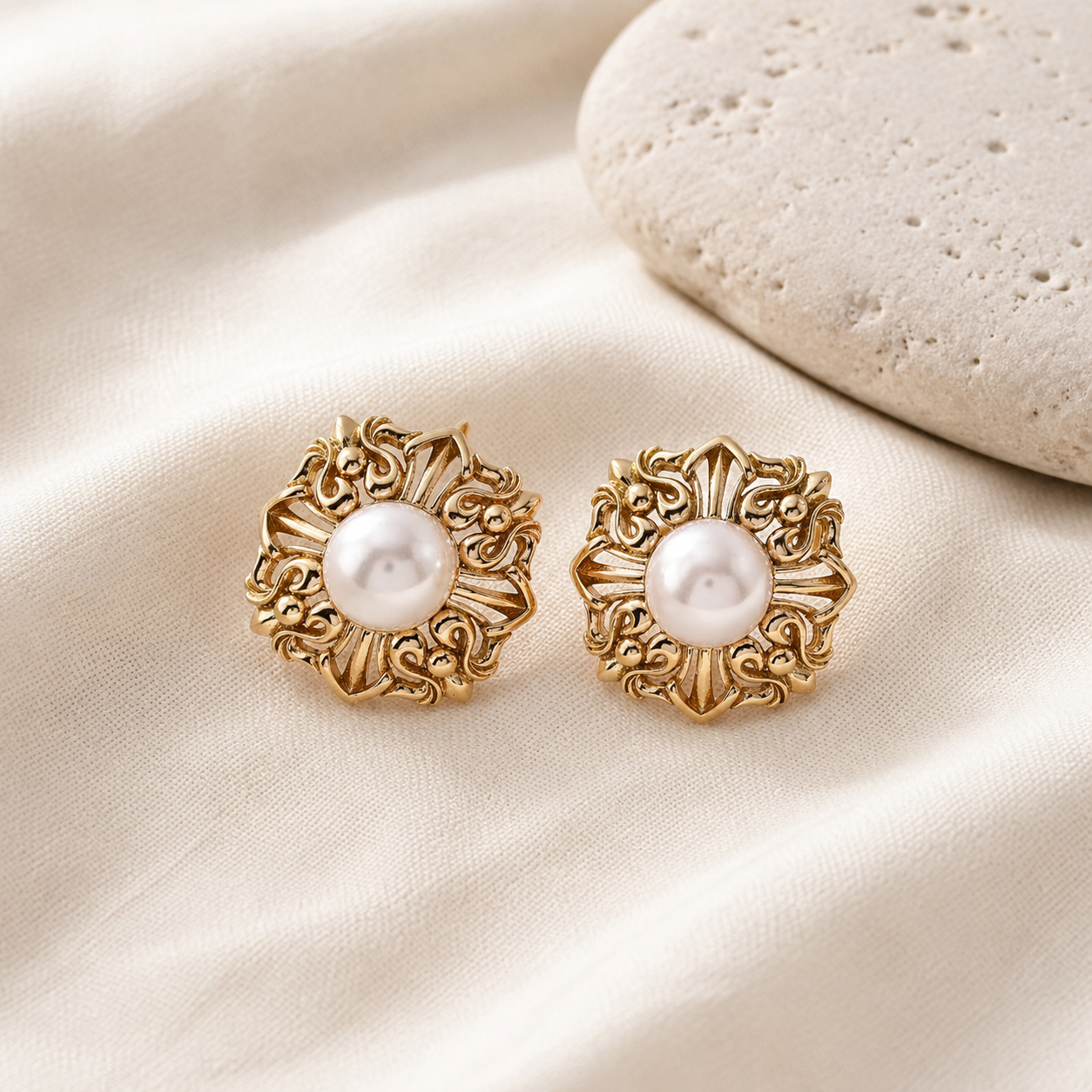 Vintage Gold Ornate Pearl Stud Earrings on soft ivory fabric