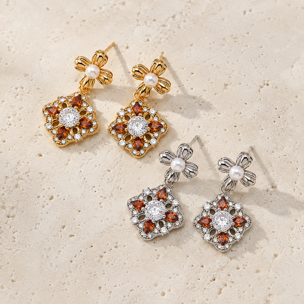 Vintage Gold and Silver auspicious bloom pearl drop earrings shown together