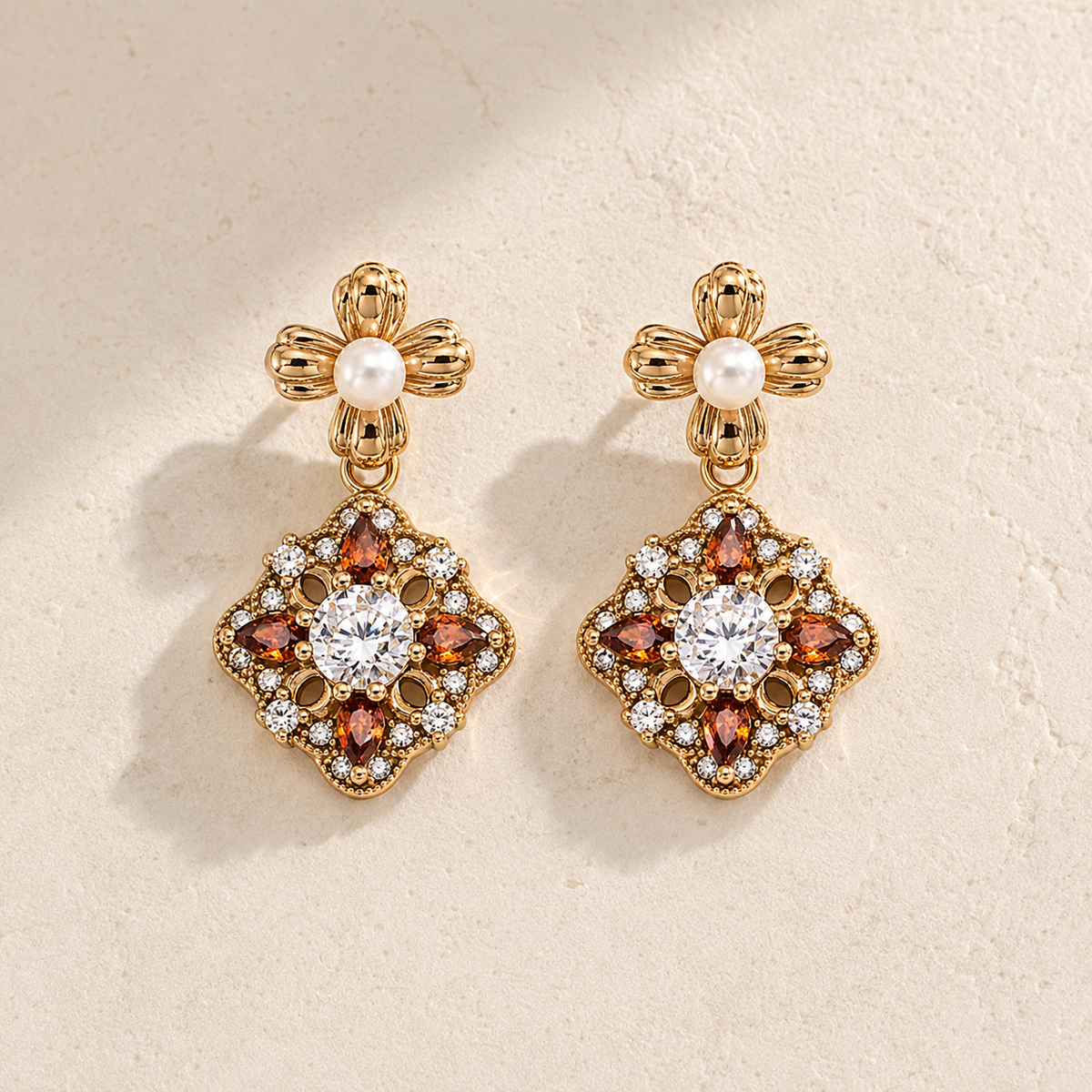 Vintage Gold auspicious bloom pearl drop earrings shown as a pair