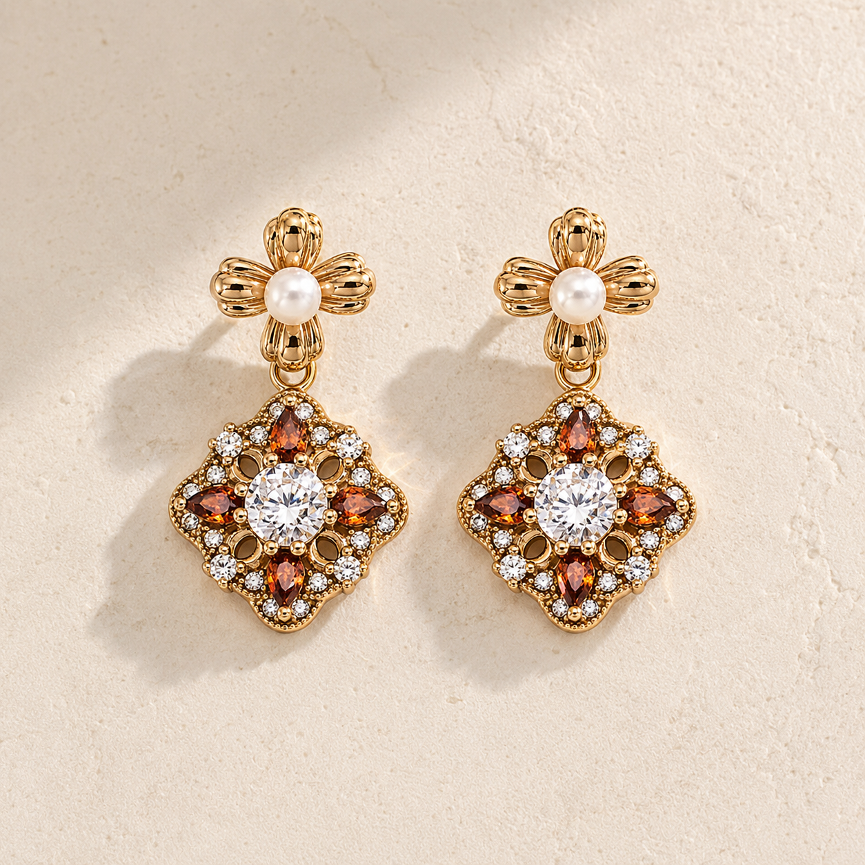 Vintage Gold auspicious bloom pearl drop earrings shown as a pair