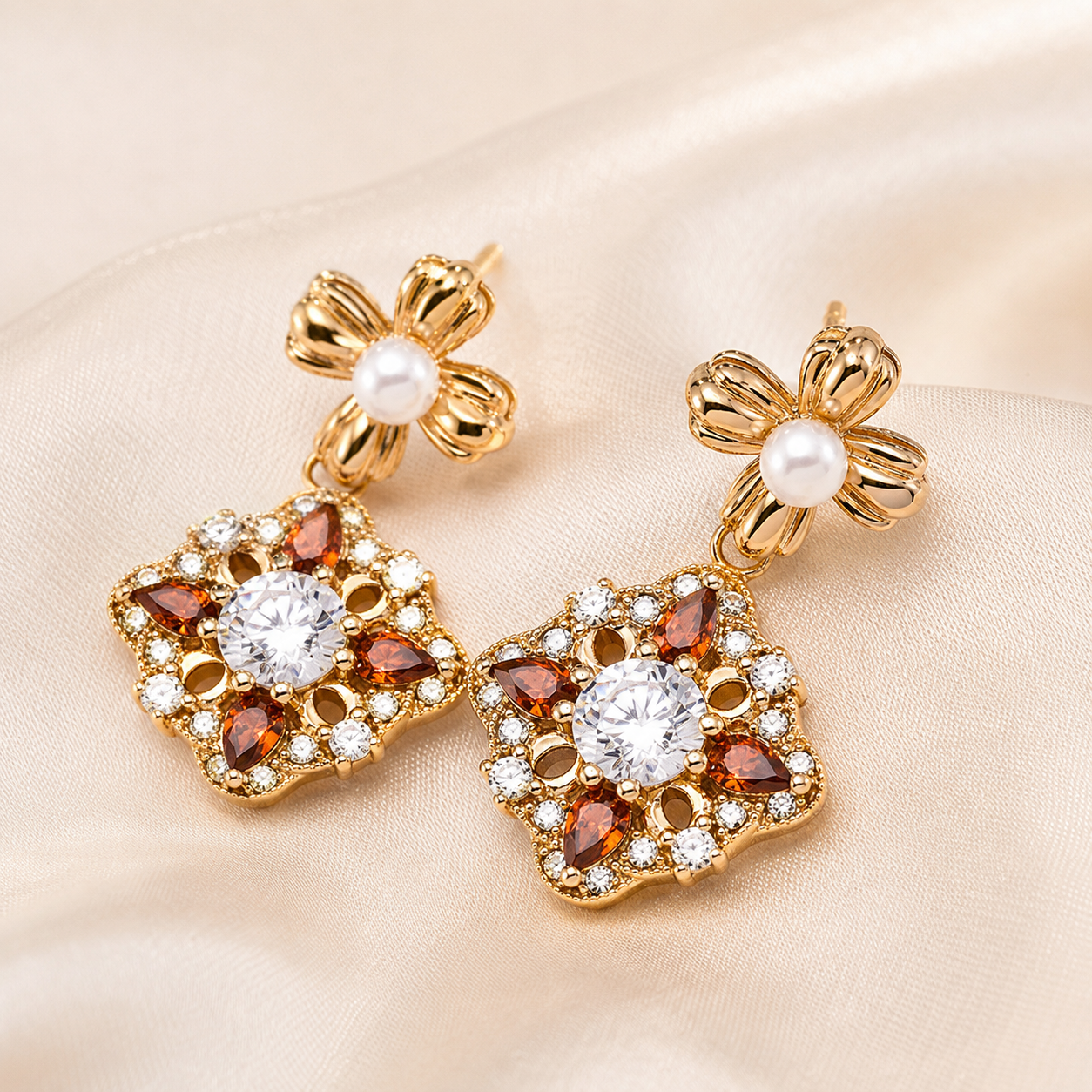 Vintage Gold auspicious bloom pearl drop earrings on ivory silk
