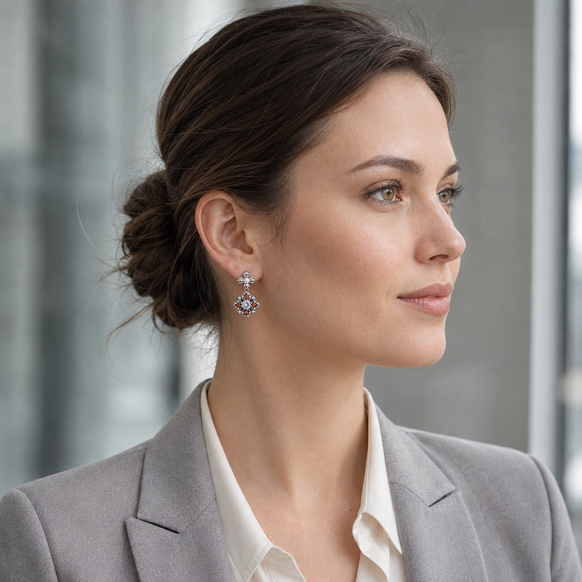 Model wearing the Silver auspicious bloom pearl drop earrings