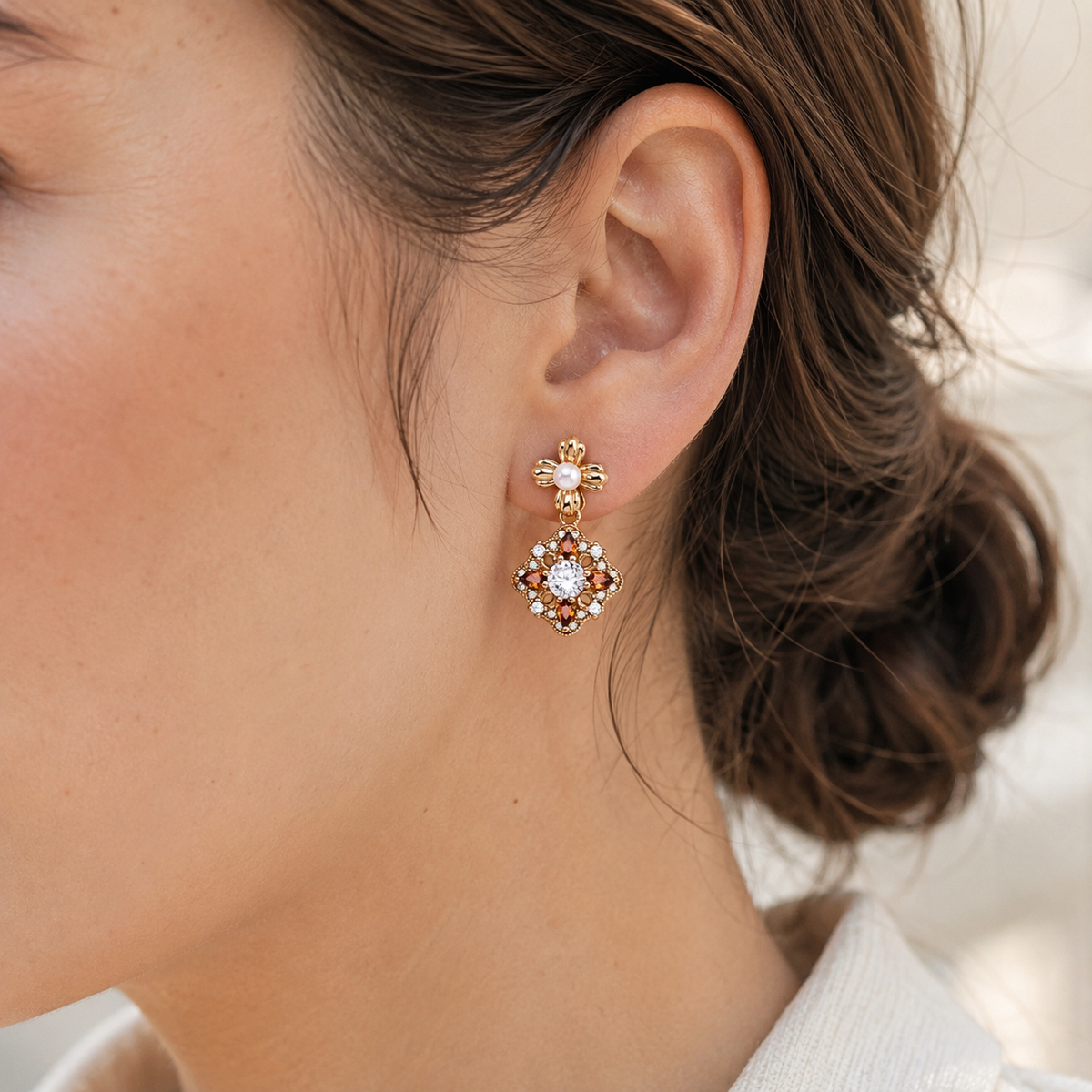 Close ear view of the Vintage Gold auspicious bloom pearl drop earring