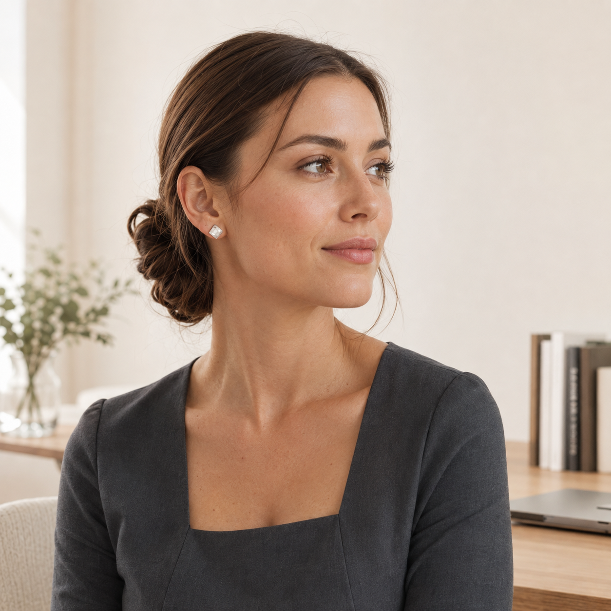 Model wearing Silver shell mosaic stud earrings